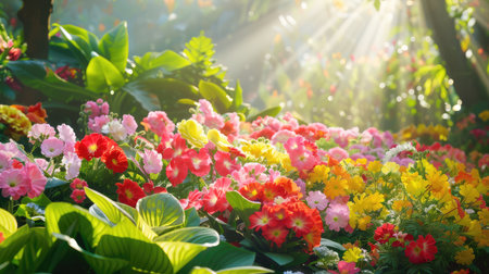 A stunning display of vibrant flowers in a lush garden, illuminated by warm sunlight, creating a serene and colorful atmosphere perfect for nature lovers.の素材