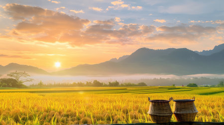 Experience the breathtaking beauty of a golden sunrise illuminating lush rice fields, framed by majestic mountains. Two woven baskets complete this peaceful rural scene, evoking a sense of tranquility in nature.の素材