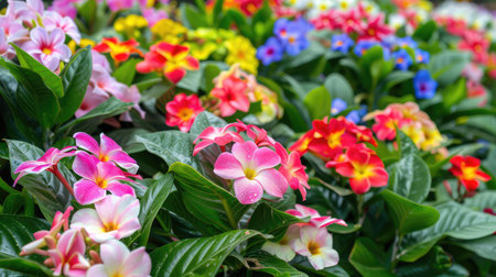 This stunning image captures a vibrant display of colorful flowers alongside fresh green leaves in a lush garden. Perfect for nature-themed projects.の素材