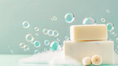 Two bars of soap sit against a pastel background, surrounded by shimmering bubbles and honeycomb. This image evokes feelings of cleanliness, freshness, and self-care.の素材