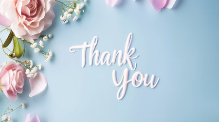A beautiful display featuring a handwritten "Thank You" surrounded by soft pastel flowers on a serene blue backdrop, ideal for expressing gratitude.の素材
