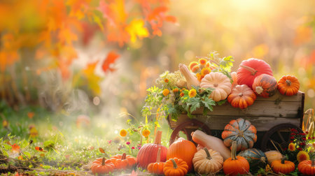 A beautifully arranged rustic cart filled with a variety of colorful pumpkins sits in a sunlit autumn landscape, surrounded by vibrant fall foliage.の素材