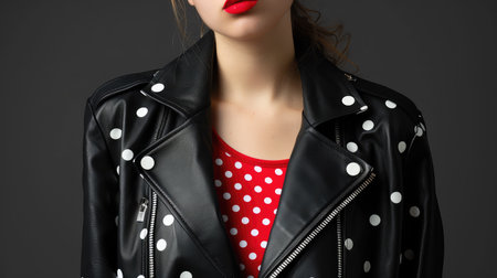 A stylish woman showcases a bold look with red lips, wearing a chic leather jacket adorned with white polka dots and a matching top.の素材