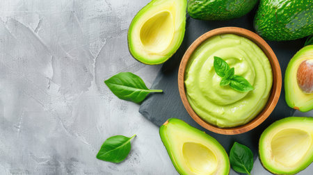 A vibrant composition featuring a bowl of creamy avocado puree surrounded by fresh avocado halves and green basil leaves, ideal for healthy recipes.の素材