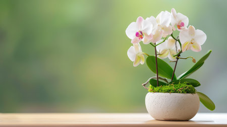 A serene arrangement of white orchids in a simple pot, set against a soft green background, perfect for adding elegance and tranquility to any space.の素材