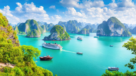 Explore the breathtaking beauty of Ha Long Bay, featuring lush mountains, tranquil waters, and traditional boats under a vibrant sky.の素材