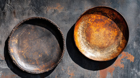 A captivating image of two vintage metal plates showcasing unique textures and warm patina. Perfect for culinary displays or rustic decor themes.の素材