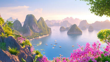 This stunning landscape features rocky islands amidst clear water, accented by vibrant flowers under the soft light of dawn, creating a tranquil scene.の素材