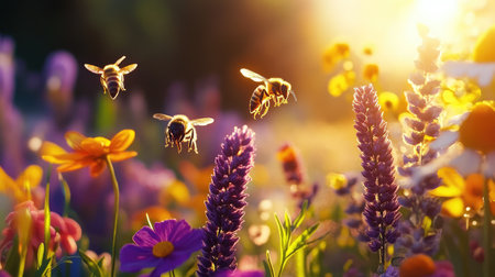 A serene scene of bees gracefully pollinating diverse flowers in a vibrant garden during the golden hour, showcasing nature's beauty and harmony.の素材