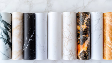 A visually appealing collection of decorative marble paper rolls in various colors and patterns, perfect for craft projects and interior design applications.の素材
