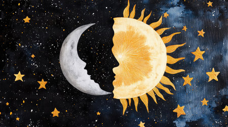 A captivating artwork showcasing a half moon and half sun faces intertwined against a starry backdrop, symbolizing the balance between night and day.の素材