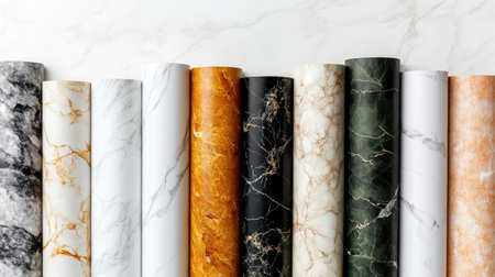 A collection of marble textures and patterns displayed on rolls, perfect for design and decoration projects. Each roll showcases unique colors and styles.の素材