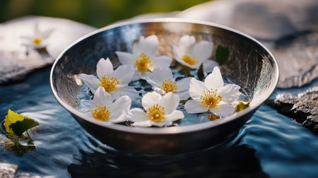 A serene bowl filled with delicate white flowers floating gently on tranquil water, surrounded by lush greenery and soft sunlight, creating a peaceful atmosphere.の素材