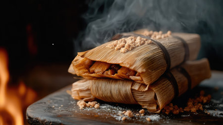 This image showcases a traditional steamed dish delicately wrapped in corn leaves, emanating aromatic smoke and featuring a rustic wooden table for a homely touch.の素材