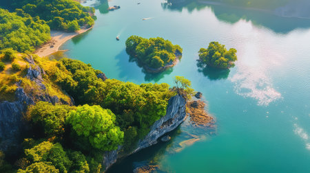 This stunning aerial image captures serene green islands surrounded by calm blue waters, presenting a tranquil nature scene under a bright sun and clear sky.の素材