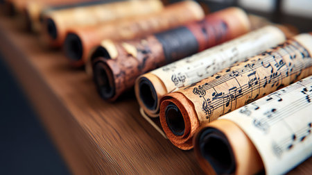 A captivating arrangement of vintage scrolls featuring intricate musical sheets and artistic patterns, showcasing rich textures and warm tones.の素材