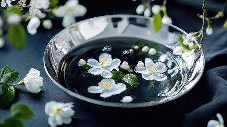 This serene still life features delicate white blossoms floating on a reflective water surface within a sleek silver bowl, evoking tranquility and beauty.の素材