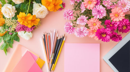 A vibrant workspace featuring fresh flowers and art supplies, ideal for inspiring creativity and enhancing design projects. Perfect for artistic settings.の素材