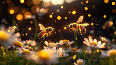 Two bees hover above white daisies, illuminated by warm sunlight, creating a captivating scene in a vibrant spring garden filled with rich colors.の素材