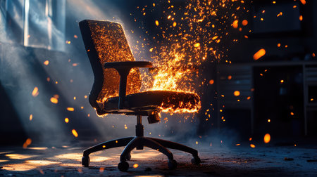An artistic representation of a chair engulfed in flames with sparks flying around, illuminated by dramatic lighting. This image evokes intensity and creativity.の素材