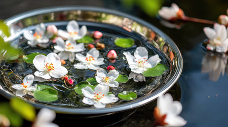 A stunning visual of white flowers elegantly floating on calm water in a silver tray, surrounded by lush green leaves, capturing serene beauty in nature.の素材