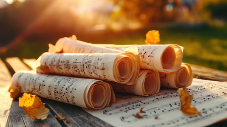 A collection of vintage sheet music rolls lies on a rustic wooden table scattered with autumn leaves. The warm sunlight enhances the nostalgic ambiance, perfect for artistic inspiration.の素材