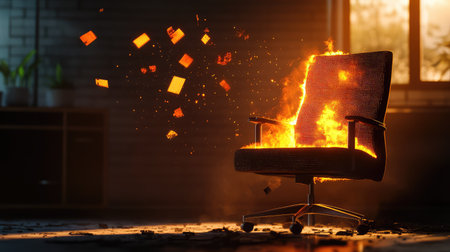 A dramatic scene featuring a burning office chair engulfed in flames, creating a striking contrast against a modern workspace backdrop, filled with debris.の素材