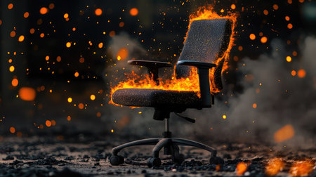 A dramatic image of a chair engulfed in flames, surrounded by sparks and smoke, representing chaos and transformation in a dark setting.の素材