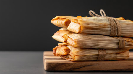 A visually appealing stack of tamales wrapped in corn husks, presented on a wooden board. This image celebrates traditional Mexican cuisine and culinary artistry.の素材