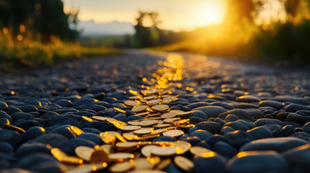 A stunning view of coins scattered across a pebble pathway, illuminated by warm sunrise light, creating a magical atmosphere of wealth and hope.の素材