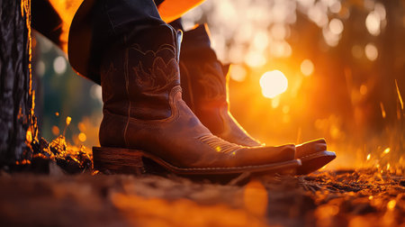 Close-up view of rustic cowboy boots resting on the ground as the sun sets, casting a warm golden light. This serene outdoor scene evokes a sense of tranquility and adventure amidst nature.の素材