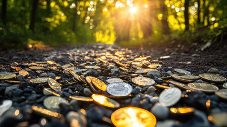 A close-up view of shiny coins scattered across a gravel path in a serene forest, illuminated by warm sunlight filtering through the trees.の素材