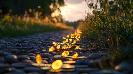 A beautiful display of golden coins scattered across a pebbled pathway, illuminated by warm sunlight during dusk. This scene evokes a sense of adventure and tranquility in nature.の素材