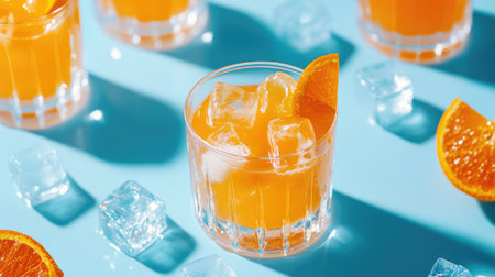 This vibrant orange drink, garnished with a slice of orange and ice cubes, embodies refreshment perfect for summer occasions and social gatherings.の素材