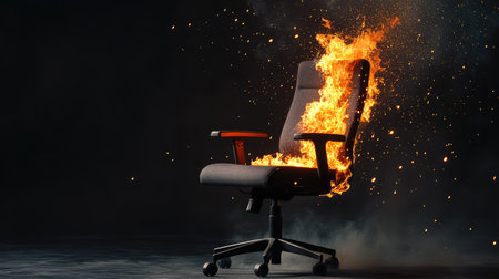 A striking image of an office chair on fire, surrounded by dynamic flames and smoke, creating a powerful visual representation of chaos and danger.の素材