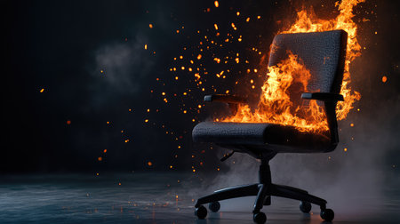 An intense image of an office chair engulfed in flames, showcasing a dramatic burst of fire and embers, set against a dark backdrop for striking visual impact.の素材