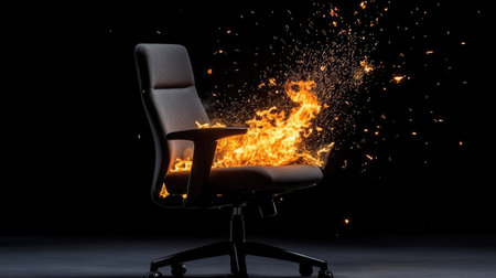 A striking image of an office chair engulfed in flames, set against a dark backdrop, captures the intense energy and surreal contrast of fire and design.の素材