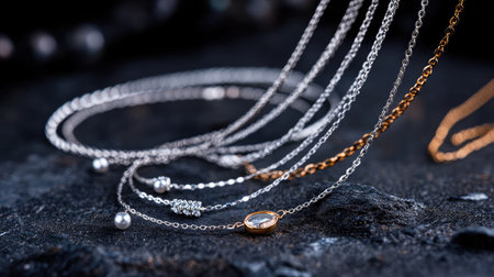 A stunning arrangement of silver and gold necklaces adorned with sparkling gemstones and pearls on a textured dark background, showcasing luxury and elegance.の素材