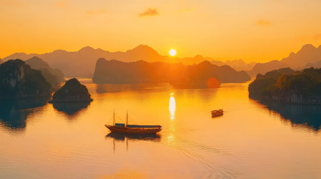 Experience the tranquility of a stunning sunset over Ha Long Bay, with boats gently gliding on the water and silhouetted islands reflecting the vibrant colors of the sky.の素材
