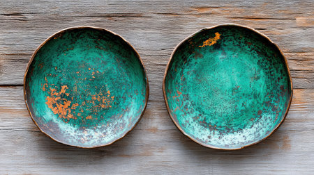 This image features two vintage plates showcasing a distressed green surface with subtle rust tones, elegantly displayed on a rustic wooden background.の素材