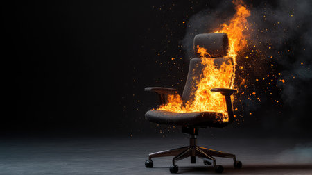 A dramatic scene featuring a burning office chair engulfed in flames, highlighting themes of destruction and danger in a dark environment.の素材