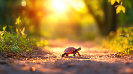 A charming turtle wanders along a sunlit path in a lush forest, capturing the essence of nature's tranquility and the beauty of wildlife.の素材