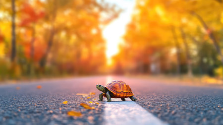 A turtle crosses a quiet road in a picturesque autumn landscape, surrounded by vibrant foliage and soft sunlight, evoking a serene moment of nature.の素材