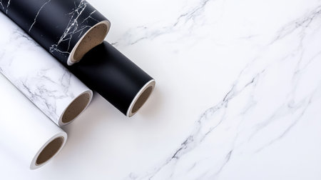 Discover the beauty of marble patterns in decorative paper rolls featuring black and white designs, ideal for modern interior projects and creative crafts.の素材