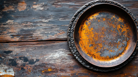 This image features a rustic antique round plate with a striking rusty patina, set against a weathered wooden surface that enhances its vintage charm.の素材