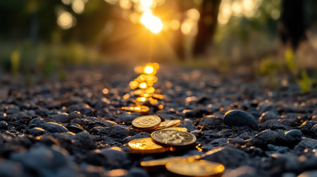 A captivating scene featuring coins scattered on a gravel pathway, illuminated by the warm glow of a sunset, evoking feelings of fortune and adventure.の素材