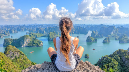 A young girl sits peacefully on a rocky outcrop, marveling at breathtaking views of lush islands and tranquil waters beneath a bright sky, perfect for travel.の素材
