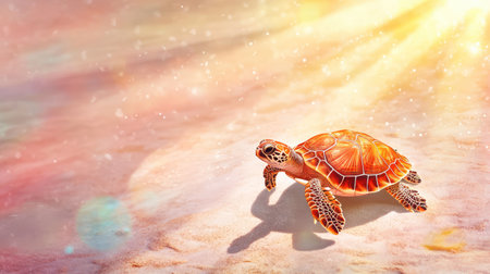 A vibrant sea turtle gracefully moves across a sandy beach, bathed in warm sunlight. The sparkling background adds a magical touch to this serene coastal scene.の素材
