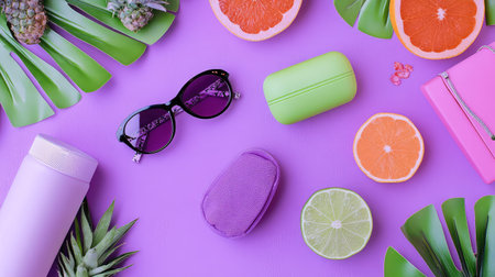 A vibrant flat lay composition featuring stylish sunglasses, fresh citrus fruits, and lush tropical leaves on a purple background, perfect for summer vibes.の素材