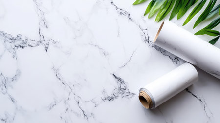 This elegant image features a sophisticated white marble texture paired with lush green leaves and a rolled paper, perfect for stylish designs and creative projects.の素材